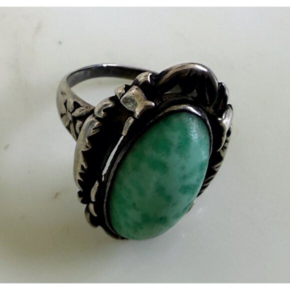 Art Deco 30's Sterling Silver Ring Green Speckled Peking Glass Size 6.25 - Picture 8 of 10